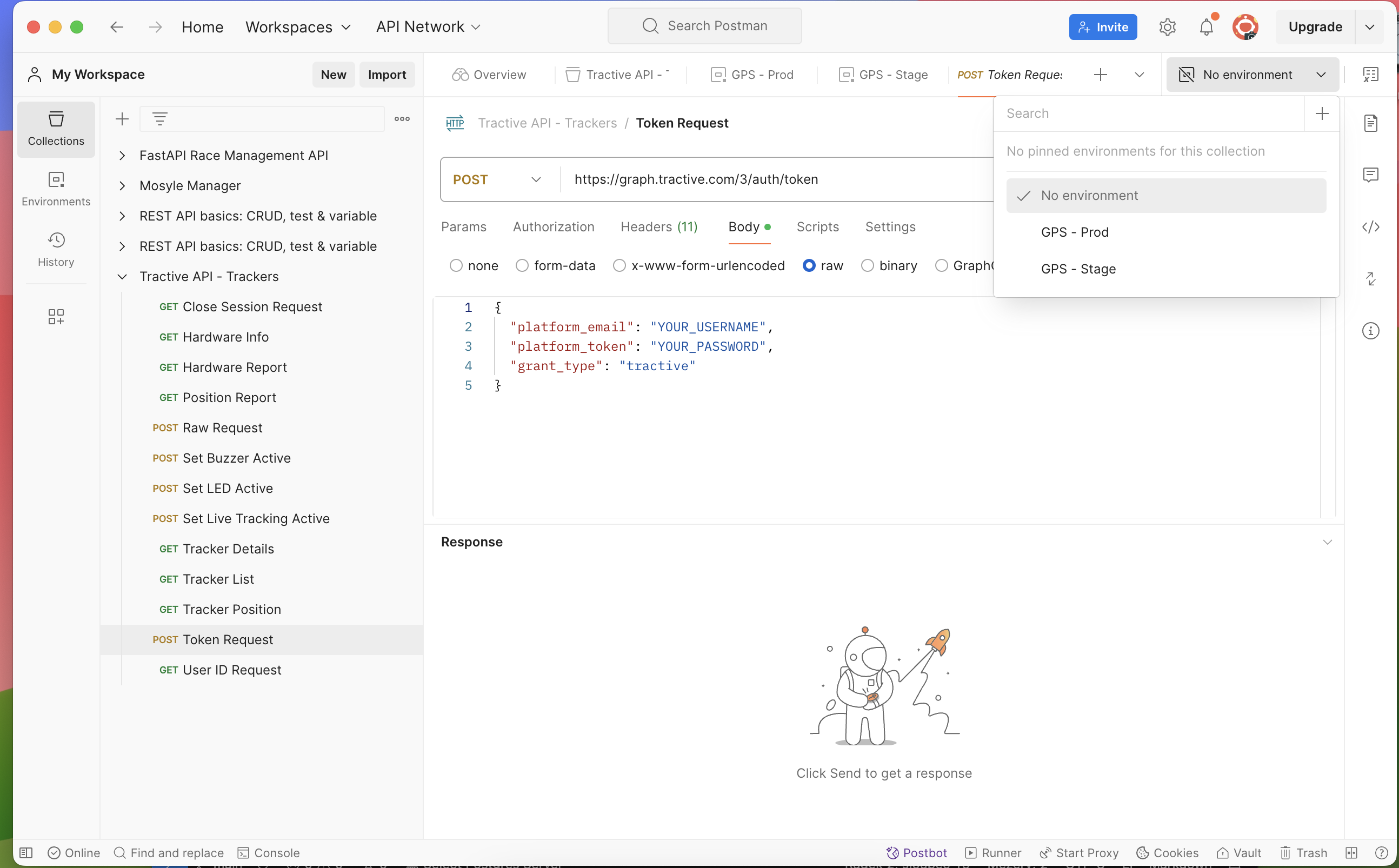 Postman přepnutí env proměnných v pravém horním rohu.